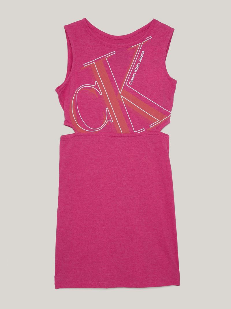 Vestido-fucsia-Calvin-Klein-con-logo-grande-y-recorte-en-la-espalda