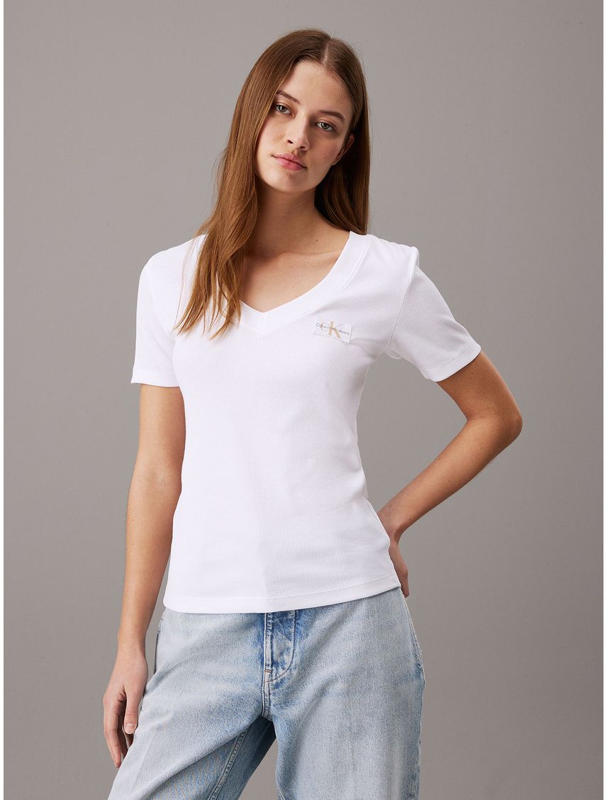 Polera Woven Label Rib V-Neck