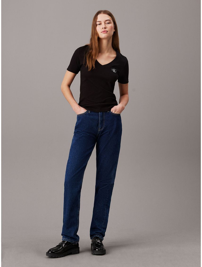 Polera Woven Label Rib V-Neck
