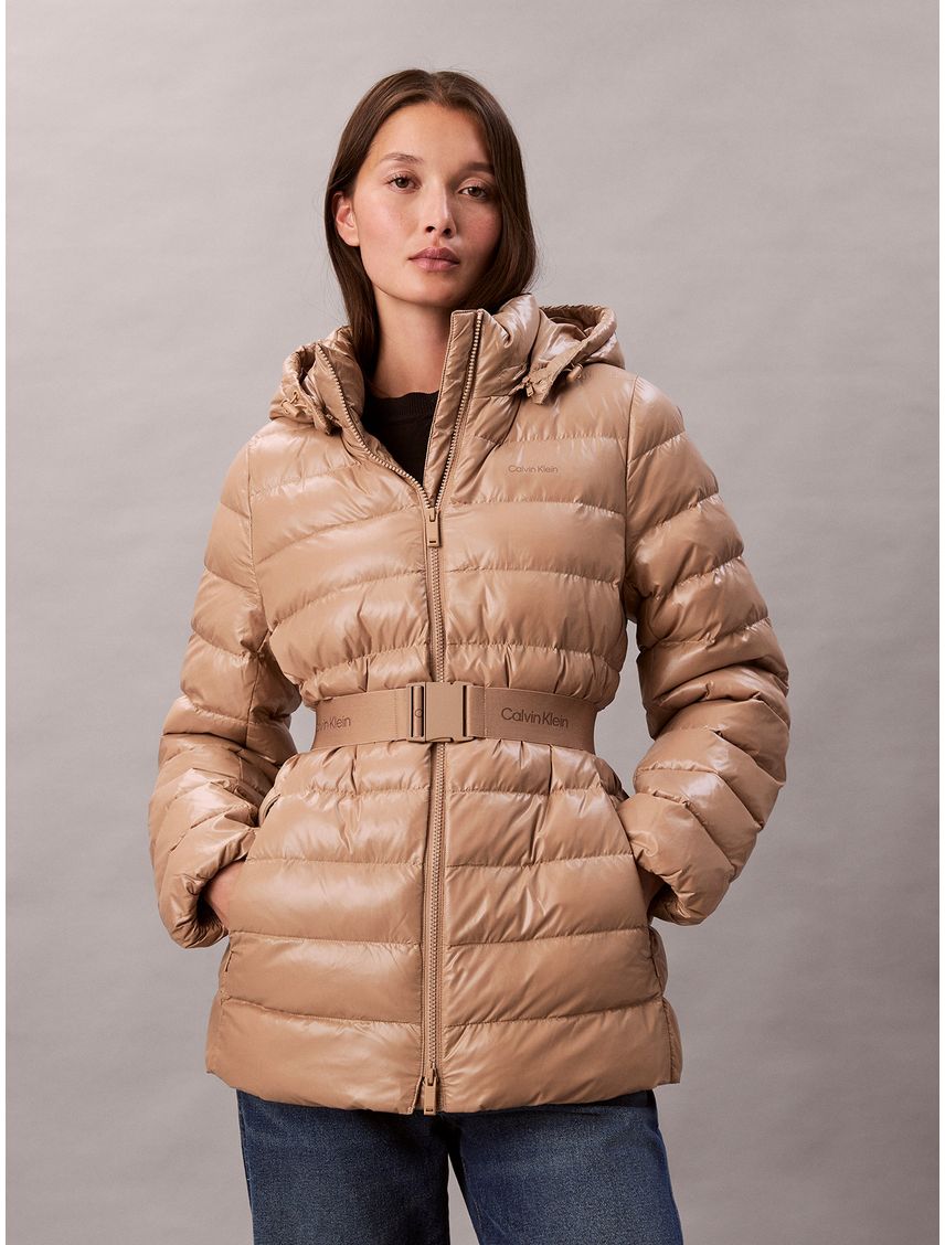 Parka Puffer De Plumas Ligera Con Cinturón