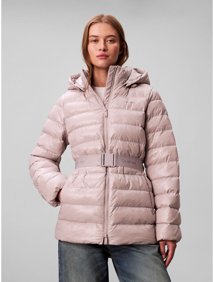 Parka Puffer De Plumas Ligera Con Cinturón